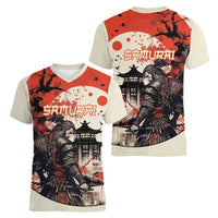 Samurai Warrior Japan Women V-Neck T-Shirt Red-blossomed Tree Classic Japanese Stylized - Wonder Print Shop