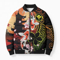 Hawaiian and Japanese Bomber Puffer Jacket Koi Fish With Kanaka Polynesian Tattoo - Wonder Print Shop