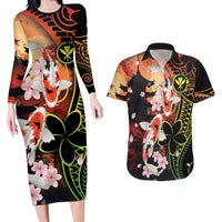 Hawaiian and Japanese Couples Matching Long Sleeve Bodycon Dress and Hawaiian Shirt Koi Fish With Kanaka Polynesian Tattoo - Wonder Print Shop
