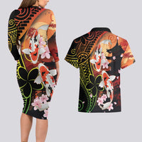 Hawaiian and Japanese Couples Matching Long Sleeve Bodycon Dress and Hawaiian Shirt Koi Fish With Kanaka Polynesian Tattoo - Wonder Print Shop