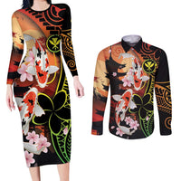 Hawaiian and Japanese Couples Matching Long Sleeve Bodycon Dress and Long Sleeve Button Shirt Koi Fish With Kanaka Polynesian Tattoo - Wonder Print Shop