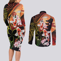 Hawaiian and Japanese Couples Matching Long Sleeve Bodycon Dress and Long Sleeve Button Shirt Koi Fish With Kanaka Polynesian Tattoo - Wonder Print Shop