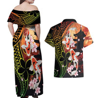 Hawaiian and Japanese Couples Matching Off Shoulder Maxi Dress and Hawaiian Shirt Koi Fish With Kanaka Polynesian Tattoo - Wonder Print Shop