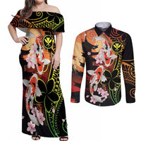 Hawaiian and Japanese Couples Matching Off Shoulder Maxi Dress and Long Sleeve Button Shirt Koi Fish With Kanaka Polynesian Tattoo - Wonder Print Shop
