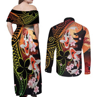 Hawaiian and Japanese Couples Matching Off Shoulder Maxi Dress and Long Sleeve Button Shirt Koi Fish With Kanaka Polynesian Tattoo - Wonder Print Shop