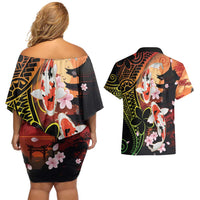 Hawaiian and Japanese Couples Matching Off Shoulder Short Dress and Hawaiian Shirt Koi Fish With Kanaka Polynesian Tattoo - Wonder Print Shop