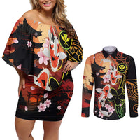 Hawaiian and Japanese Couples Matching Off Shoulder Short Dress and Long Sleeve Button Shirt Koi Fish With Kanaka Polynesian Tattoo - Wonder Print Shop