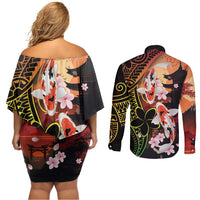 Hawaiian and Japanese Couples Matching Off Shoulder Short Dress and Long Sleeve Button Shirt Koi Fish With Kanaka Polynesian Tattoo - Wonder Print Shop