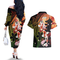 Hawaiian and Japanese Couples Matching Off The Shoulder Long Sleeve Dress and Hawaiian Shirt Koi Fish With Kanaka Polynesian Tattoo - Wonder Print Shop