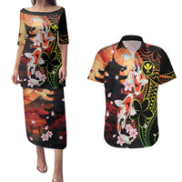 Hawaiian and Japanese Couples Matching Puletasi and Hawaiian Shirt Koi Fish With Kanaka Polynesian Tattoo - Wonder Print Shop