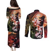 Hawaiian and Japanese Couples Matching Puletasi and Long Sleeve Button Shirt Koi Fish With Kanaka Polynesian Tattoo - Wonder Print Shop