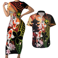 Hawaiian and Japanese Couples Matching Short Sleeve Bodycon Dress and Hawaiian Shirt Koi Fish With Kanaka Polynesian Tattoo - Wonder Print Shop