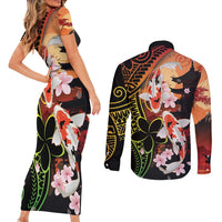 Hawaiian and Japanese Couples Matching Short Sleeve Bodycon Dress and Long Sleeve Button Shirt Koi Fish With Kanaka Polynesian Tattoo - Wonder Print Shop