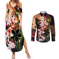Hawaiian and Japanese Couples Matching Summer Maxi Dress and Long Sleeve Button Shirt Koi Fish With Kanaka Polynesian Tattoo - Wonder Print Shop