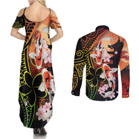 Hawaiian and Japanese Couples Matching Summer Maxi Dress and Long Sleeve Button Shirt Koi Fish With Kanaka Polynesian Tattoo - Wonder Print Shop
