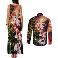 Hawaiian and Japanese Couples Matching Tank Maxi Dress and Long Sleeve Button Shirt Koi Fish With Kanaka Polynesian Tattoo - Wonder Print Shop