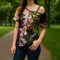 Hawaiian and Japanese Cross Shoulder Shirt Koi Fish With Kanaka Polynesian Tattoo - Wonder Print Shop