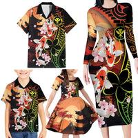 Hawaiian and Japanese Family Matching Long Sleeve Bodycon Dress and Hawaiian Shirt Koi Fish With Kanaka Polynesian Tattoo - Wonder Print Shop