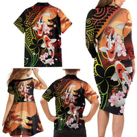 Hawaiian and Japanese Family Matching Long Sleeve Bodycon Dress and Hawaiian Shirt Koi Fish With Kanaka Polynesian Tattoo - Wonder Print Shop