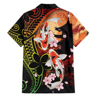 Hawaiian and Japanese Family Matching Off The Shoulder Long Sleeve Dress and Hawaiian Shirt Koi Fish With Kanaka Polynesian Tattoo - Wonder Print Shop