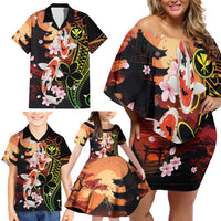 Hawaiian and Japanese Family Matching Off Shoulder Short Dress and Hawaiian Shirt Koi Fish With Kanaka Polynesian Tattoo - Wonder Print Shop