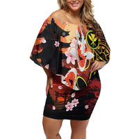 Hawaiian and Japanese Family Matching Off Shoulder Short Dress and Hawaiian Shirt Koi Fish With Kanaka Polynesian Tattoo - Wonder Print Shop