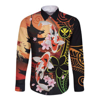 Hawaiian and Japanese Long Sleeve Button Shirt Koi Fish With Kanaka Polynesian Tattoo - Wonder Print Shop