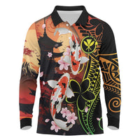 Hawaiian and Japanese Long Sleeve Polo Shirt Koi Fish With Kanaka Polynesian Tattoo - Wonder Print Shop