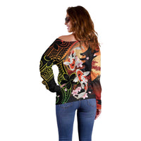 Hawaiian and Japanese Off Shoulder Sweater Koi Fish With Kanaka Polynesian Tattoo - Wonder Print Shop