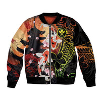 Hawaiian and Japanese Sleeve Zip Bomber Jacket Koi Fish With Kanaka Polynesian Tattoo - Wonder Print Shop