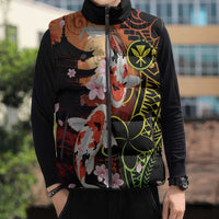 Hawaiian and Japanese Sleeveless Puffer Jacket Koi Fish With Kanaka Polynesian Tattoo - Wonder Print Shop