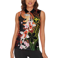 Hawaiian and Japanese Women Sleeveless Polo Shirt Koi Fish With Kanaka Polynesian Tattoo - Wonder Print Shop