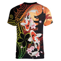 Hawaiian and Japanese Women V-Neck T-Shirt Koi Fish With Kanaka Polynesian Tattoo - Wonder Print Shop