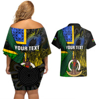 Personalised South Sea Islanders Couples Matching Off Shoulder Short Dress and Hawaiian Shirt Kanakas With Vanuatu Coat Of Arms - Wonder Print Shop