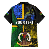 Black Hawaiian-style shirt with Your Text banner, tropical panels, and crest symbol