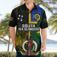 Black Hawaiian-style shirt with South Sea Islanders front graphic and tropical button placket