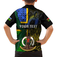 Black Hawaiian-style shirt back with Your Text banner and tropical figure graphic