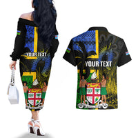 Personalised South Sea Islanders Couples Matching Off The Shoulder Long Sleeve Dress and Hawaiian Shirt Kanakas With Fiji Coat Of Arms - Wonder Print Shop