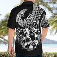 Black Hawaiian shirt with back fish hook and tribal pattern