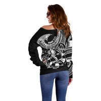 Personalised Polynesia Off Shoulder Sweater Fish Hook Tattoo Go Fishing Polynesian Pattern Black - Wonder Print Shop