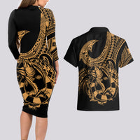 Polynesia Couples Matching Long Sleeve Bodycon Dress and Hawaiian Shirt Fish Hook Tattoo Go Fishing Polynesian Pattern Gold - Wonder Print Shop
