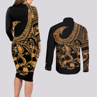 Polynesia Couples Matching Long Sleeve Bodycon Dress and Long Sleeve Button Shirts Fish Hook Tattoo Go Fishing Polynesian Pattern Gold - Wonder Print Shop