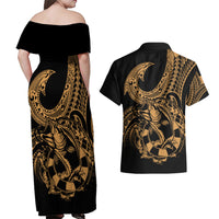 Polynesia Couples Matching Off Shoulder Maxi Dress and Hawaiian Shirt Fish Hook Tattoo Go Fishing Polynesian Pattern Gold - Wonder Print Shop