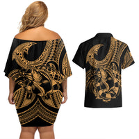Polynesia Couples Matching Off Shoulder Short Dress and Hawaiian Shirt Fish Hook Tattoo Go Fishing Polynesian Pattern Gold - Wonder Print Shop