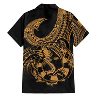 Black short-sleeve button-up Hawaiian shirt with gold Polynesian fish hook and tribal waves.