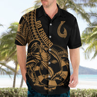 Black Hawaiian-style shirt with gold fish, hook, and tribal pattern; button-front.