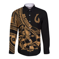 Polynesia Long Sleeve Button Shirt Fish Hook Tattoo Go Fishing Polynesian Pattern Gold - Wonder Print Shop