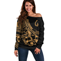 Polynesia Off Shoulder Sweater Fish Hook Tattoo Go Fishing Polynesian Pattern Gold - Wonder Print Shop