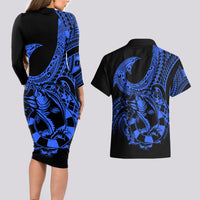 Polynesia Couples Matching Long Sleeve Bodycon Dress and Hawaiian Shirt Fish Hook Tattoo Go Fishing Polynesian Pattern Blue - Wonder Print Shop