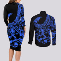 Polynesia Couples Matching Long Sleeve Bodycon Dress and Long Sleeve Button Shirts Fish Hook Tattoo Go Fishing Polynesian Pattern Blue - Wonder Print Shop